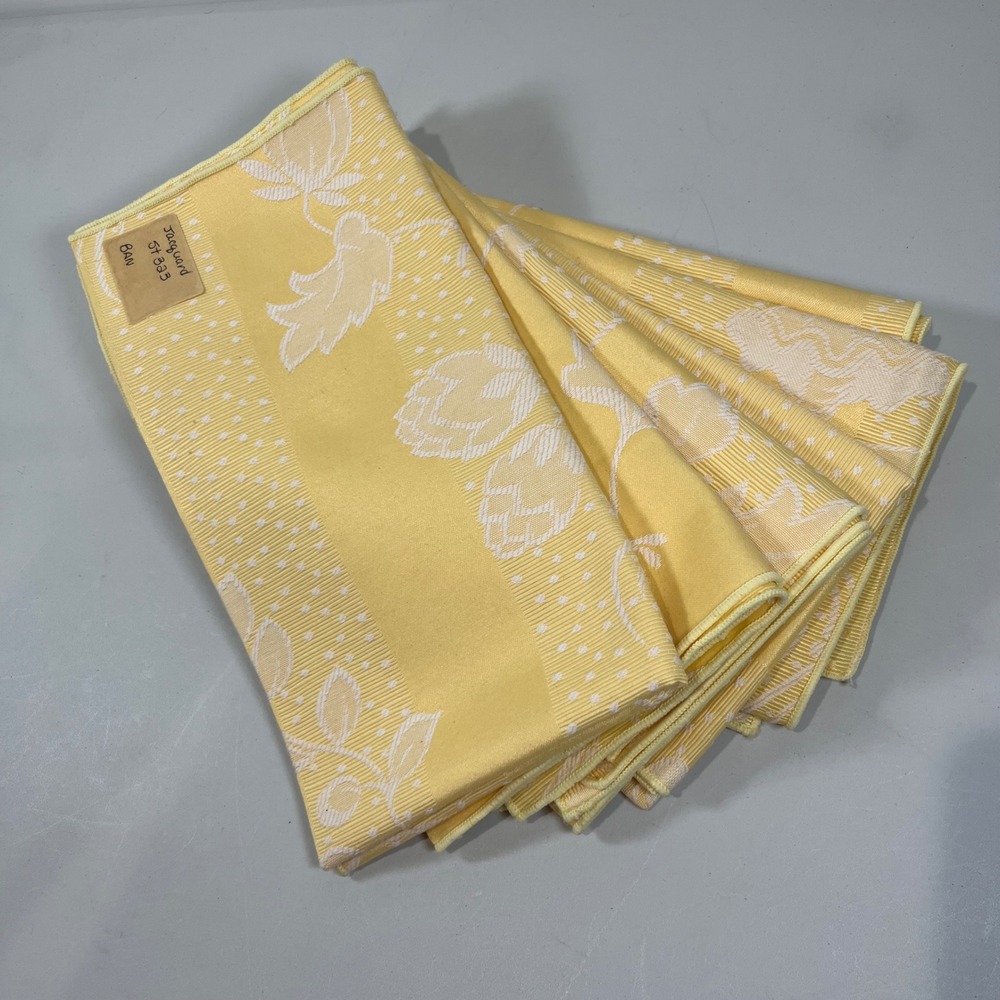Vtg Jacquard Napkins Set 6 Butter Yellow Floral Damask Cotton Cottage Shabby